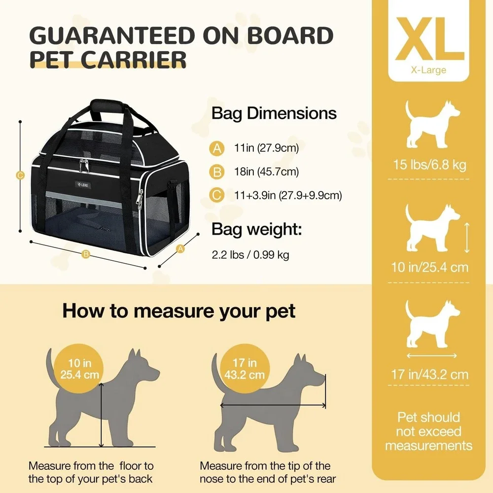 LEKE Pet Carrier 18x11x11 Airline Approved Expandable Soft Sided Dog Cat Travel